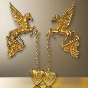 Matte Gold European Pegasus Dangle Heart Chain Earrings